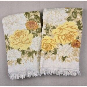 Fieldcrest Royal Velvet Vintage Bath Towel Set 2pc Yellow Rose Floral Cotton